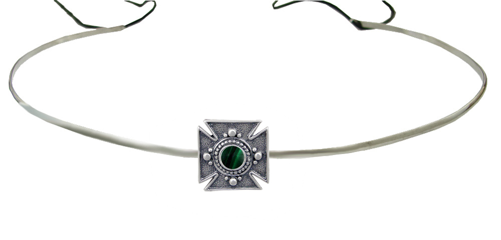 Sterling Silver Renaissance Style Medieval Cross Headpiece Circlet Tiara With Malachite